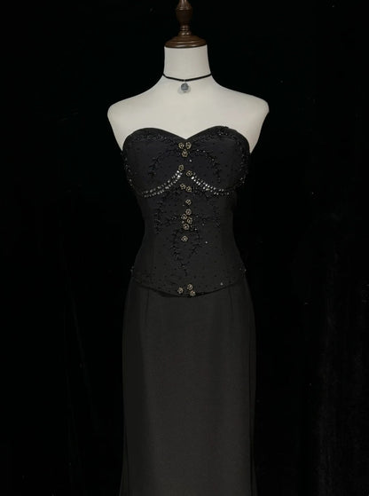 Vintage Ballkleider Meerjungfrau Sweetheart Black Tie Gown 80er Satin Abend-Abendkleid RB3263