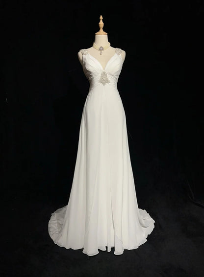 Modest Wedding Dresses A Line V Neck Chiffon Beach Summer With Beading Long Brides Gown N2999