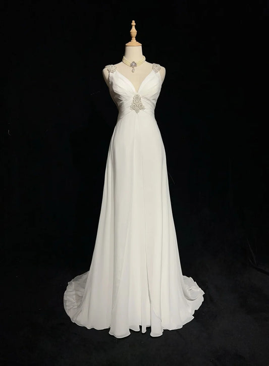 Robes de mariée modestes trapèze col en V mousseline de soie plage été avec perles longue robe de mariée N2999