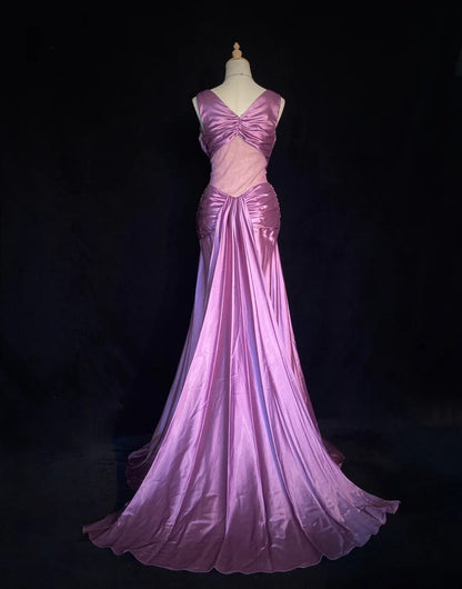 Bescheidene Abschlussballkleider im Meerjungfrau-Stil, V-Ausschnitt, Satin mit Rüschen-Schleppe für Damen, formelles Kleid N3229