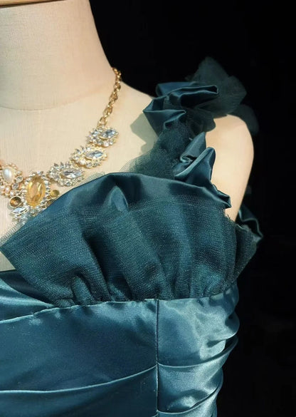 Robe de soirée longue sirène vintage, asymétrique, en satin bleu poudré avec plis, sans manches, pour anniversaire ou bal de promo N2442