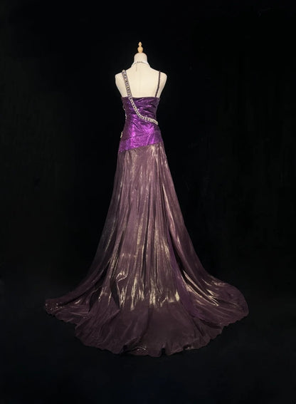 Vintage Prom Dresses 1960s Mermaid Spaghetti Strap Purple With Beaded Long Prom Gown N3117