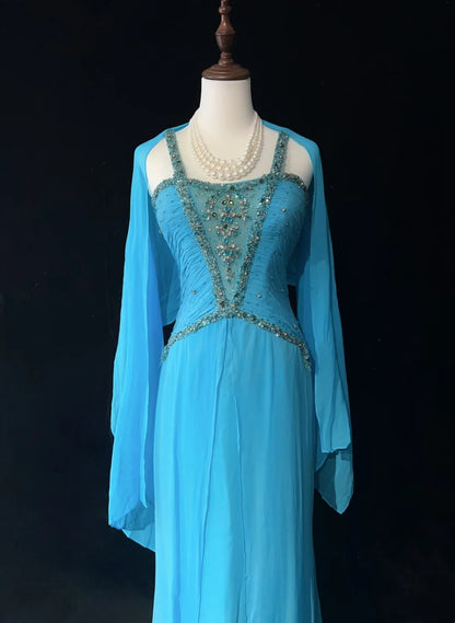 Vintage Abschlussballkleider A-Linie Neckholder Blau Chiffon mit Perlenverzierung Cape Formelle Abendgarderobe N3853