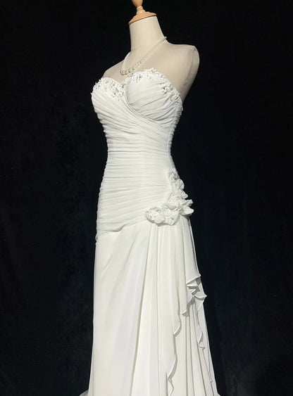 Vintage 90s Wedding Dresses Mermaid Sweetheart Chiffon White Beading Summer Garden Long Bridal Gown N3827