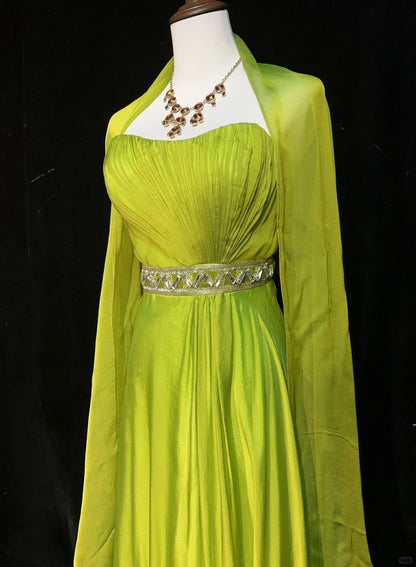 Robes de bal vintage des années 90, en mousseline de soie verte, sans bretelles, coupe trapèze, avec cape plissée, tenues de soirée formelles N3852