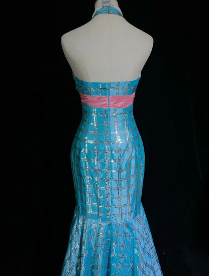 Robes de bal vintage sirène col en V, paillettes bleues, sans manches, robes de soirée longues années 80 N2866