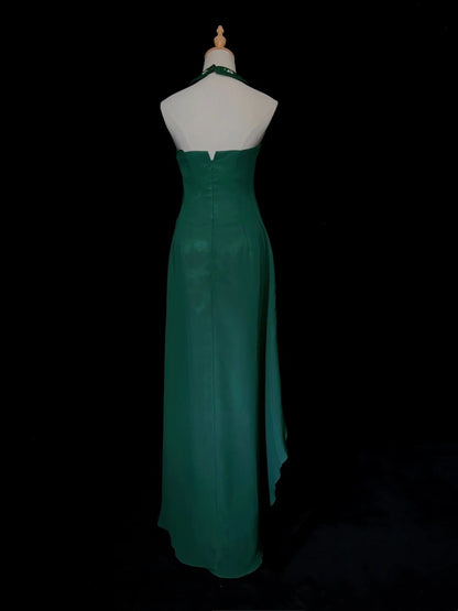 Vintage Prom Dresses 80er Jahre A Linie Neckholder Grün Chiffon mit Perlenbesatz Lange Abendkleider N3450
