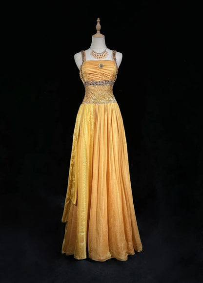 Vintage Abschlussballkleider A-Linie, eckiger Ausschnitt, gelb, plissiert, 70er Jahre mit Perlen, Abendkleid N2535