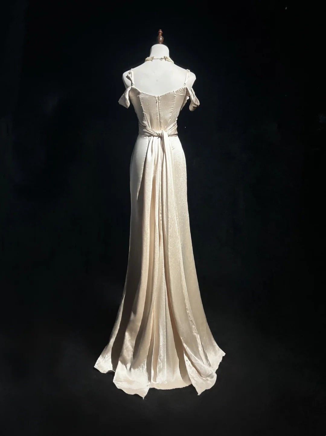 Vintage Abschlussballkleider 80er Meerjungfrau Spaghettiträger Champagner Satin Bodenlang Abendgarderobe N3458