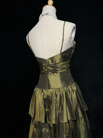 Vintage A Line Spaghetti Strap Olive Green Knee Length Party Dress Cocktail Gown Homecoming Dresses N3901