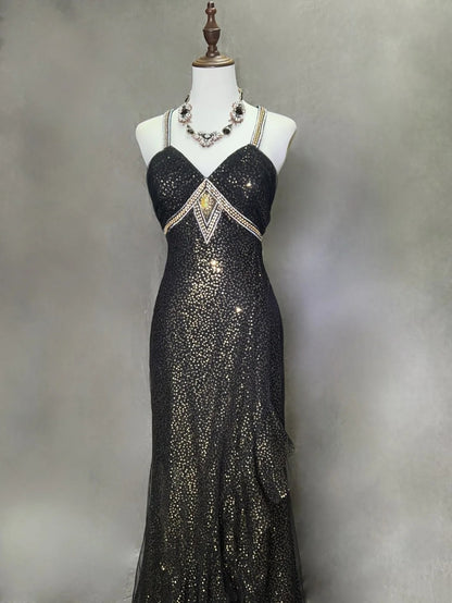 Vintage Prom Dresses Mermaid Halter Black Sequin 70s With Beading Backless Long Formal Dress N2518