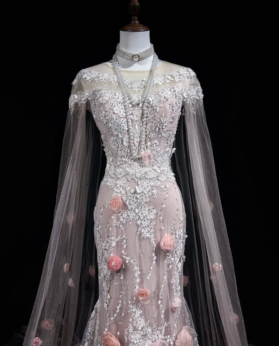 Vintage Prom Dresses Inspo Mermaid Scoop Pink Lace 1990s With Flowers Cape Formal Gowns N3317