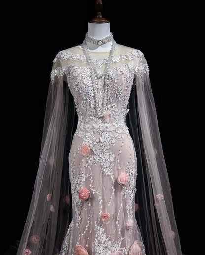 Vintage Prom Dresses Inspo Mermaid Scoop Pink Lace 1990s With Flowers Cape Formal Gowns N3317