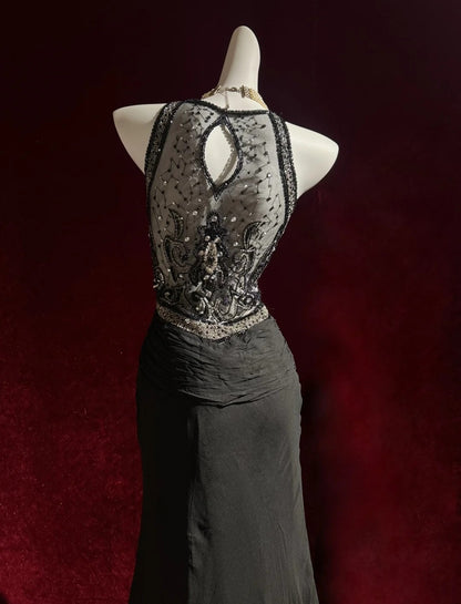 Vintage Prom Dresses Mermaid Halter Black Tulle Long 80s Party Evening Formal Gown RC1147