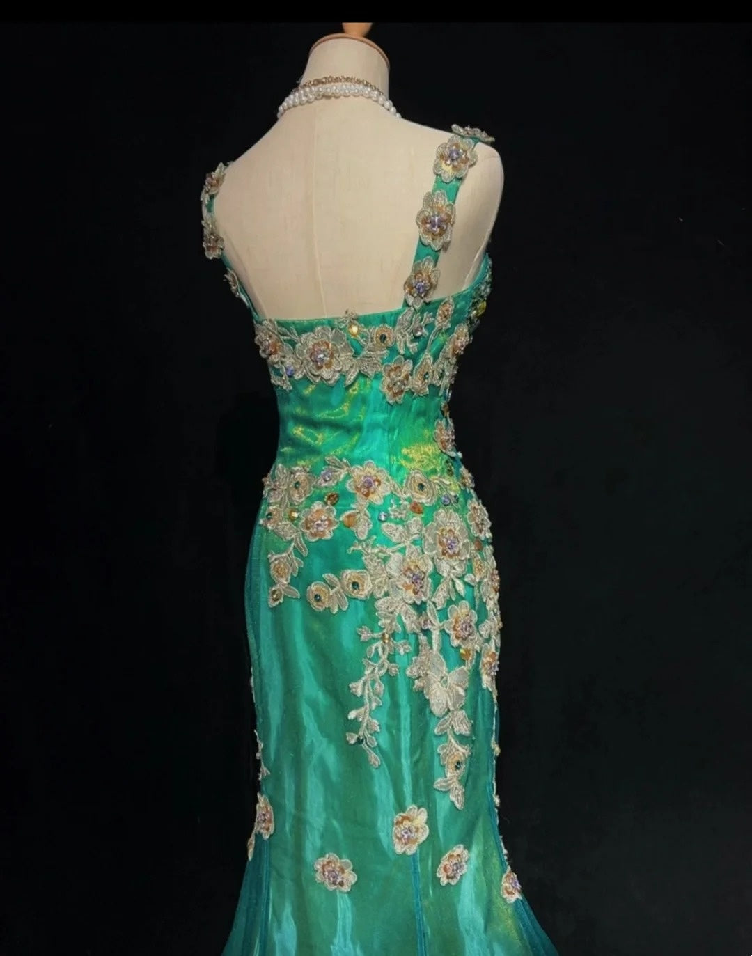Robes de bal vintage Sirène bustier vert en tulle des années 70 avec perles appliquées Robe de soirée N2533