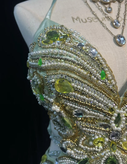Elegant Chic Prom Dresses Mermaid Halter Green Satin Backless Sleeveless With Beading Semi Formal Evening Gowns N3799