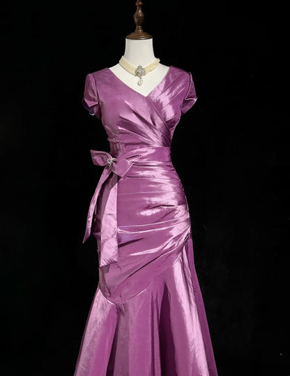Vintage Prom Dresses Mermaid V Neck Lilac Satin With Ruffles Short Sleeves Long Formal Dress N2500