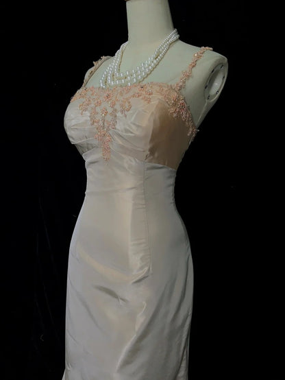 Vintage Prom Dresses Inspo Mermaid Spaghetti Strap Blush Pink Satin With Backless Appliqued Lace For Women Formal Dress N3251