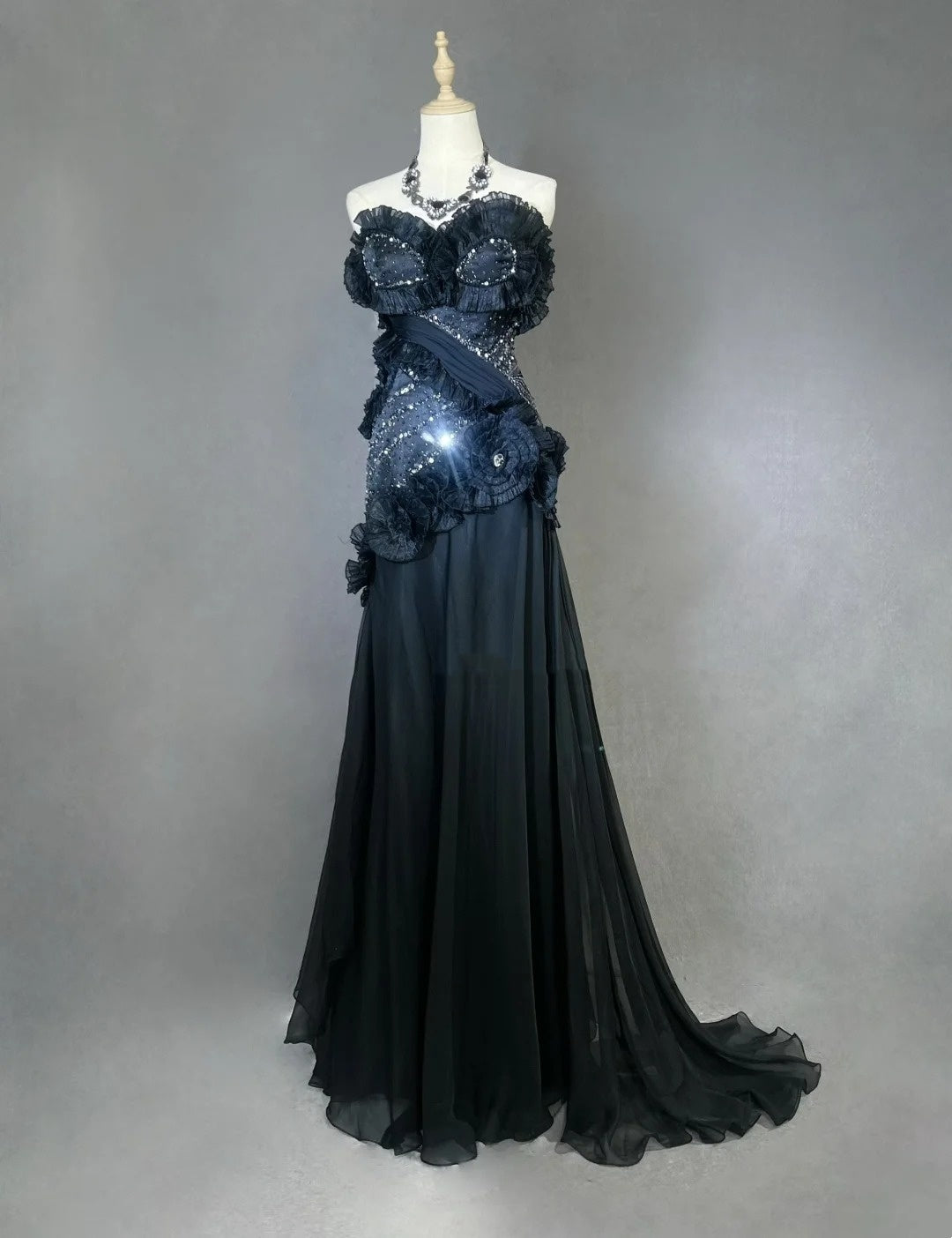 Robes de bal vintage Sirène Bustier Robe de soirée noire en mousseline de soie avec perles Robe de soirée longue années 1980 N2621