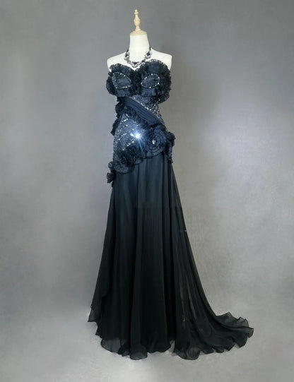 Robes de bal vintage Sirène Bustier Robe de soirée noire en mousseline de soie avec perles Robe de soirée longue années 1980 N2621