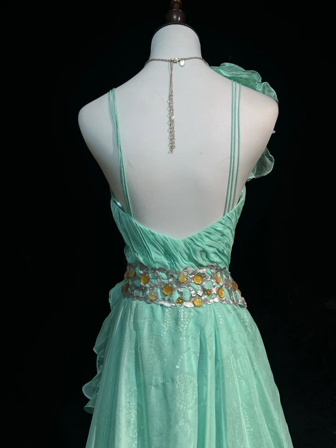 Vintage Prom Dresses A-Linie One-Shoulder Mintgrün 70er Jahre mit Rüschen Chiffon Langes Formelles Partykleid N2525