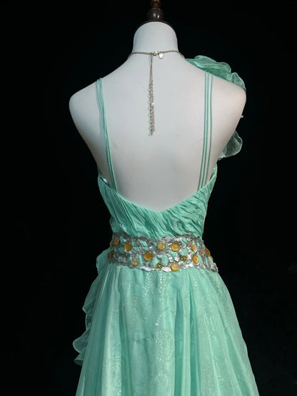 Vintage Prom Dresses A-Linie One-Shoulder Mintgrün 70er Jahre mit Rüschen Chiffon Langes Formelles Partykleid N2525