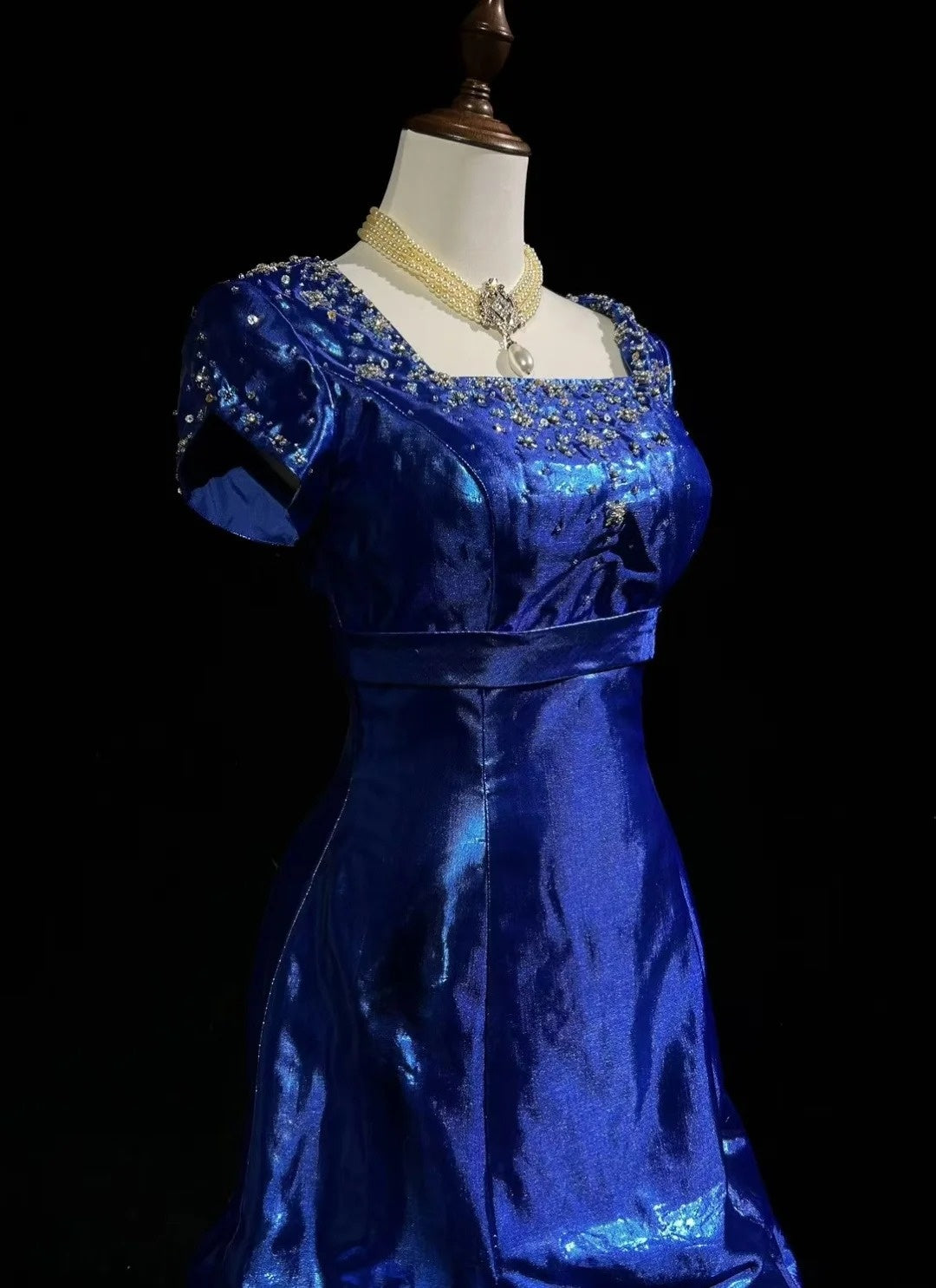 Robes de Bal Vintage Années 60 Sirène Col Carré Organza Bleu Roi Avec Longue Robe de Bal Perlé N3116