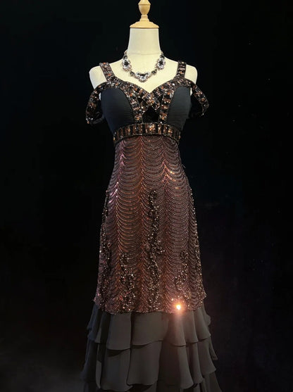 Robes de bal scintillantes sirène à fines bretelles en mousseline noire avec manches, tenues de soirée, longue robe de cérémonie RB3259