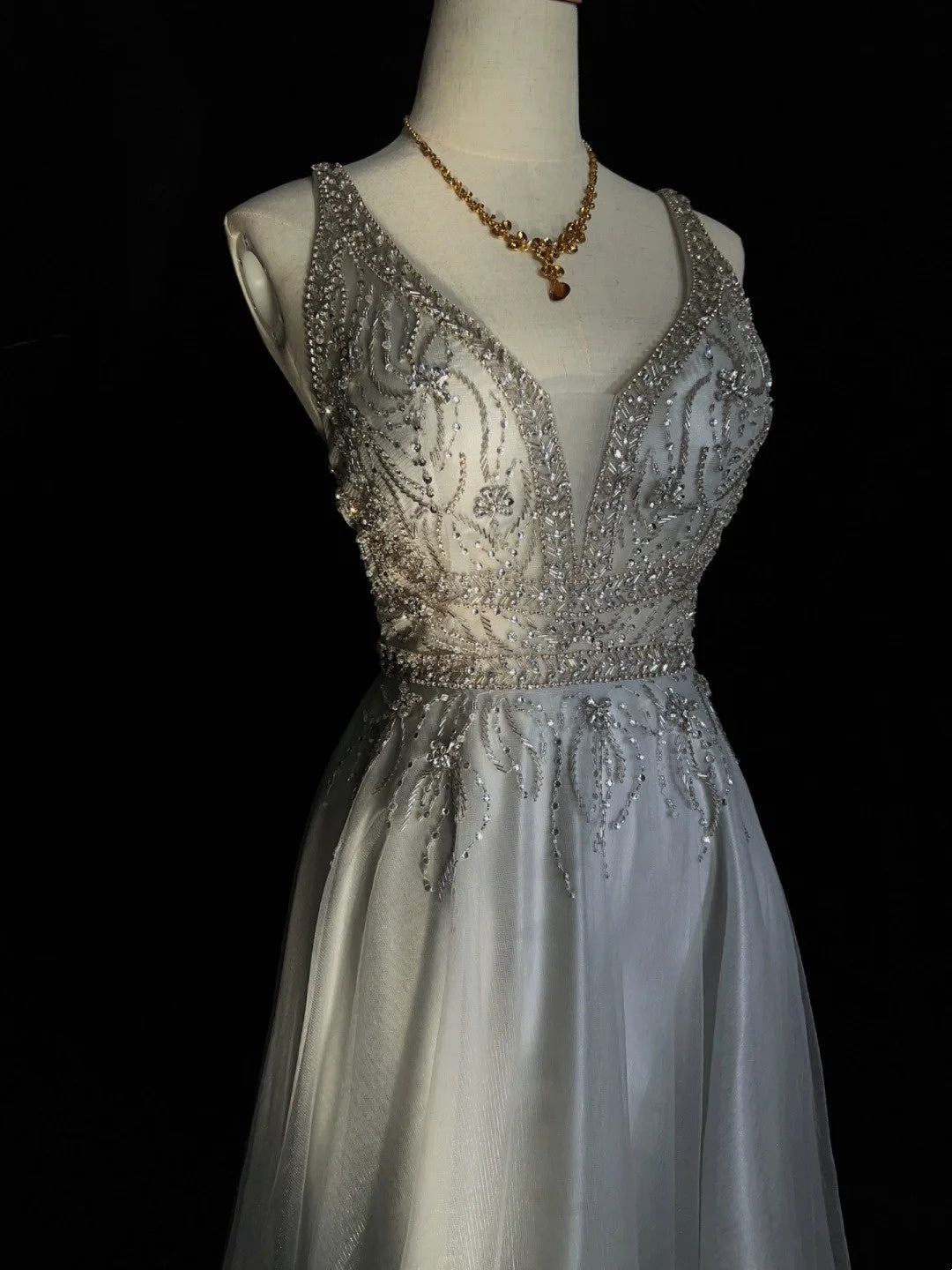Vintage Prom Dresses Inspo A line V Neck Light Grey With Beading For Women Formal Dress N3238