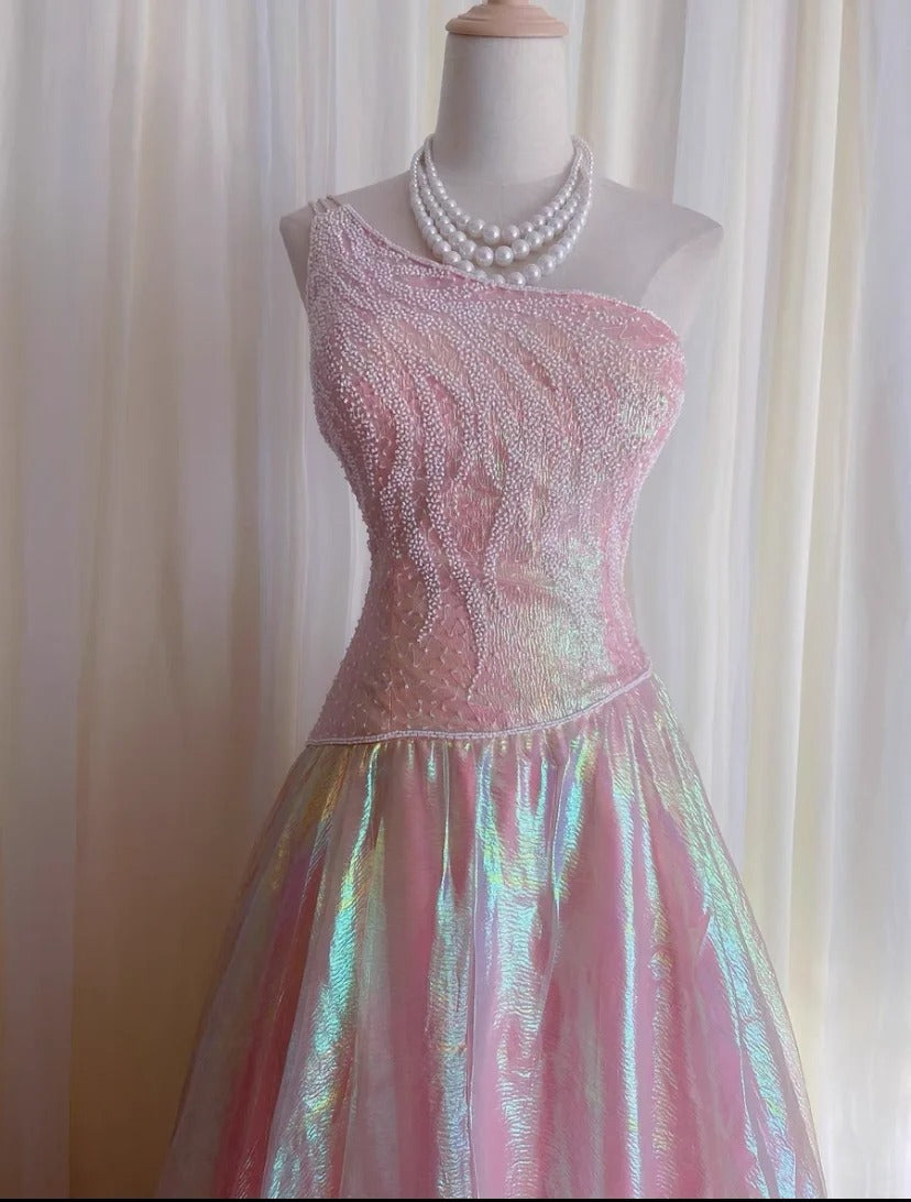 Vintage Prom Dresses Inspo Ball Gown One Shoulder Pink 1990s With Beading Formal Gowns N3323
