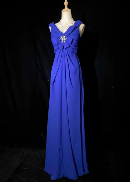 Robes de bal vintage A-Line Col en V Bleu roi Mousseline Longue Années 1990 Avec perles Robes de soirée N3352