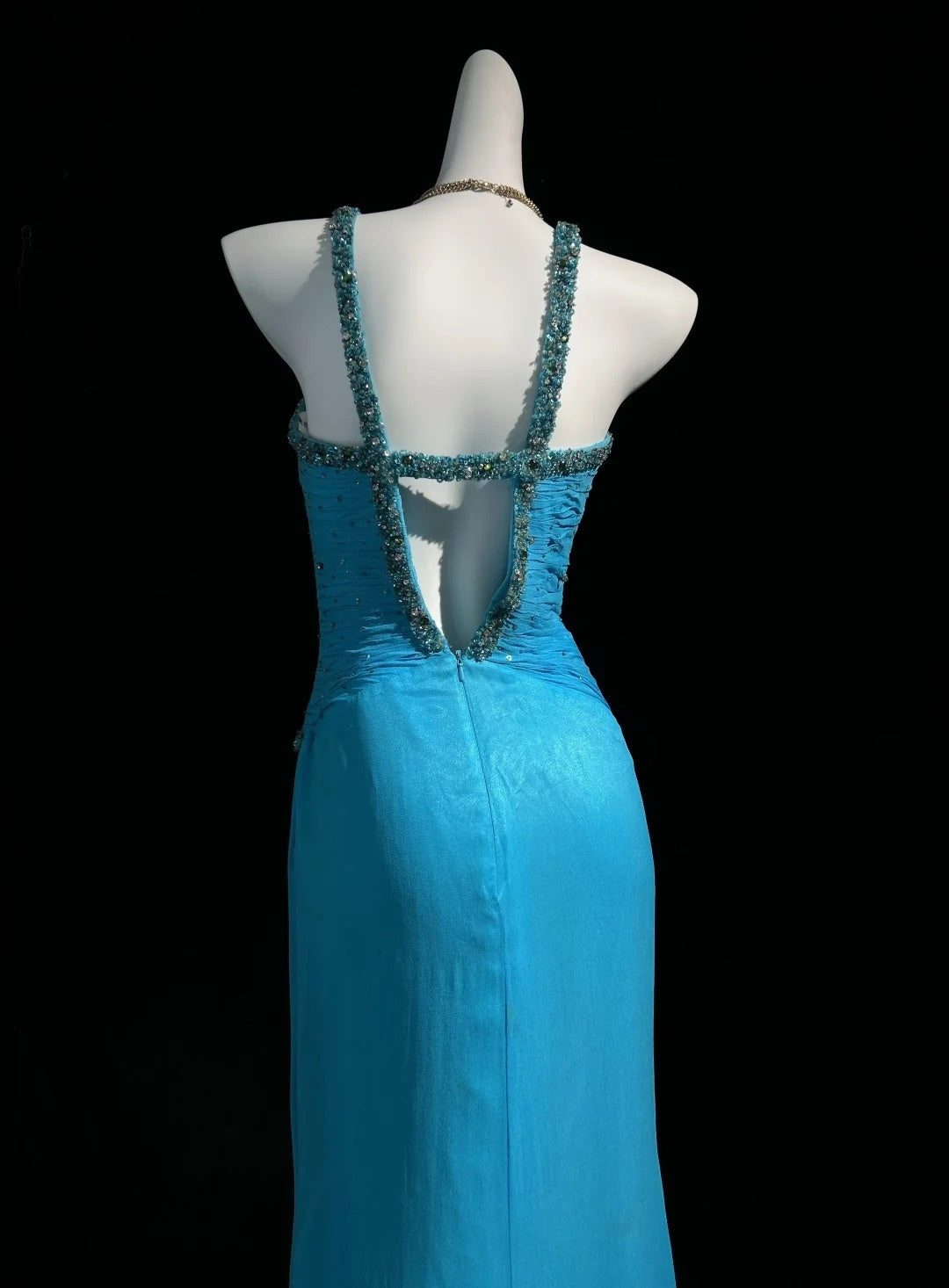 Vintage Ballkleider Meerjungfrau Neckholder Blau Chiffon 80er mit Perlenstickerei Lange Formelle Abendgarderobe N4201