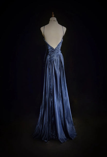 Vintage Prom Dresses A-Linie Spaghetti-Träger Navy Blue Satin 1990er Formelles Abendkleid N2661