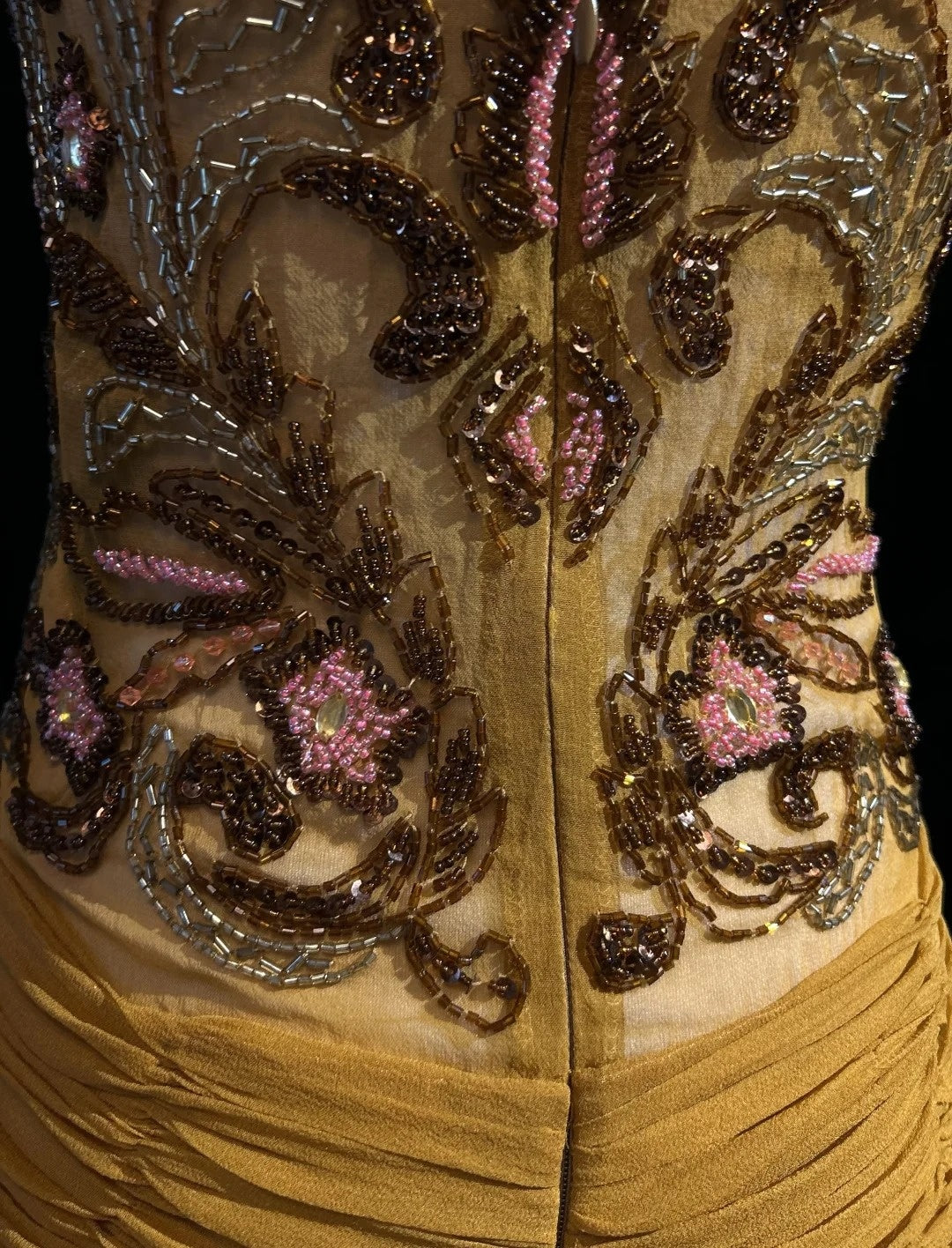 Robes de bal vintage Sirène Bretelles fines Dorées avec volants Perles Mousseline Robe de soirée années 90 N2588