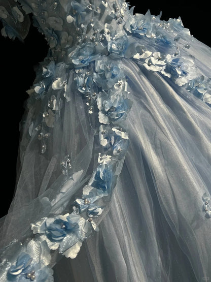 Magnifique robe de bal de promo en tulle bleu, style princesse, avec des appliqués, décolleté épaules dénudées, longue robe de soirée N2926