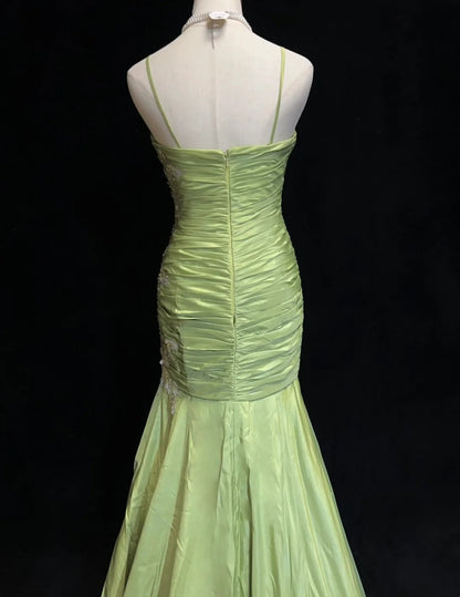 Vintage Abschlussballkleider Meerjungfrau Spaghettiträger Salbeigrün mit Applikationen 80er Jahre Langes Ballkleid N2728