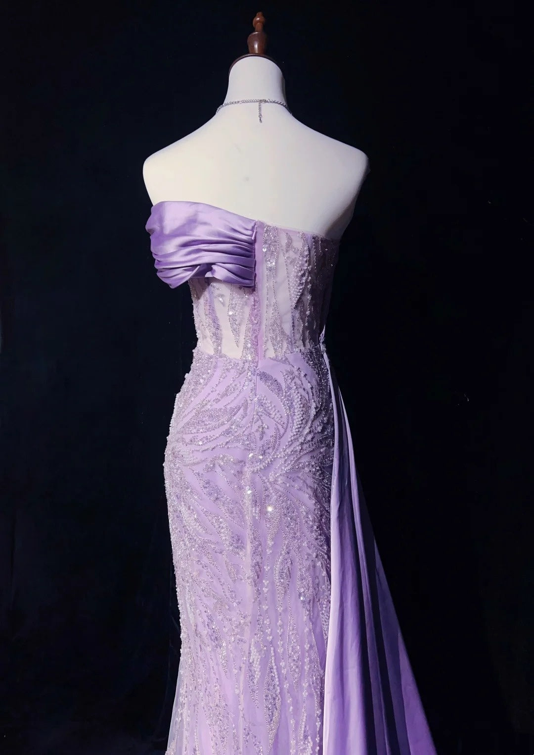 Robe de bal vintage Inspo sirène bustier lilas sequinée avec perles fendues années 80 longue robe de soirée N2742