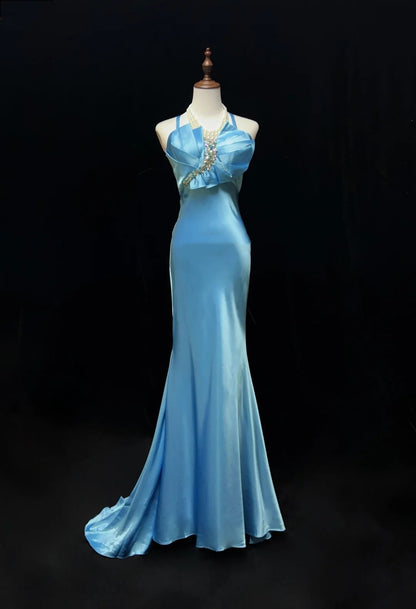 Elegante Ballkleider Meerjungfrau Neckholder Bodenlang Tiffany Blau Satin Formelles Abendkleid N3698
