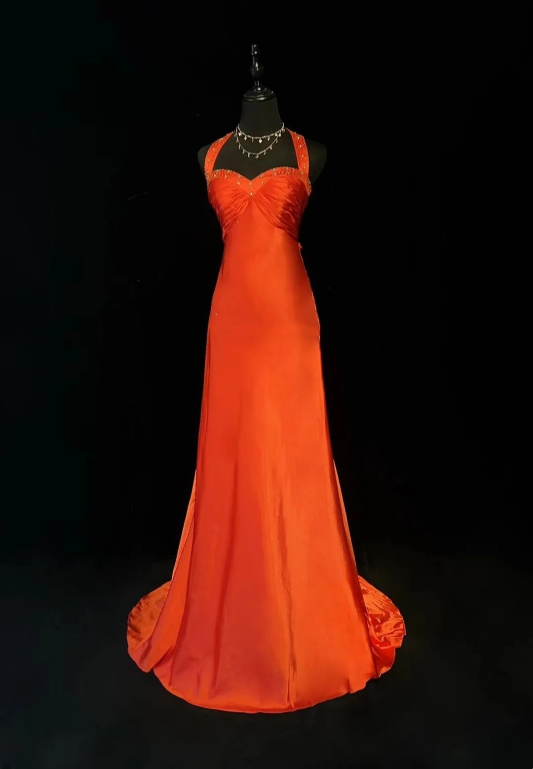 Vintage Prom Dresses A line Sweetheart Orange Satin Backless With Beading 1960s Long Formal Gown N2609
