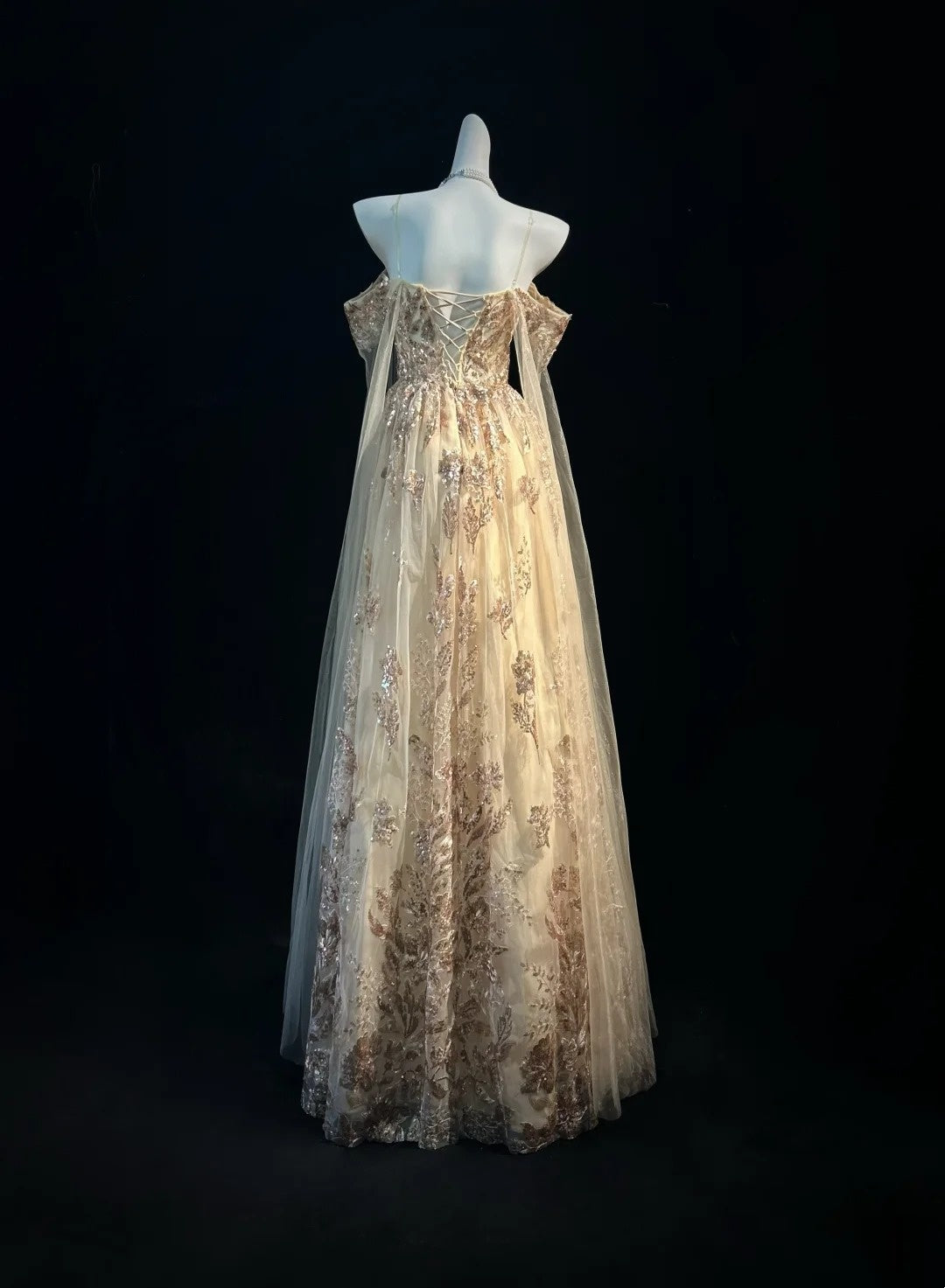 Vintage Prom Dresses A line Spaghetti Strap Gold Lace With Cape 80s Evening Formal Dress RB3267