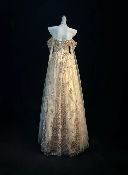 Vintage Abschlussballkleider A-Linie Spaghettiträger Goldene Spitze mit Cape 80er Jahre Abendkleid RB3267