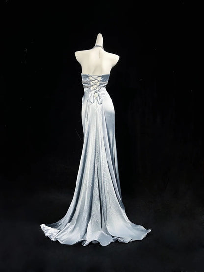 Vintage Prom Dresses 1950s Mermaid Halter Silver Gray With Split Sleeveless Evening Formal Outfits RB4341