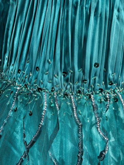 Robes de bal modestes d'inspiration sirène col en V bleu avec perles à volants pour femme robe de soirée N3234