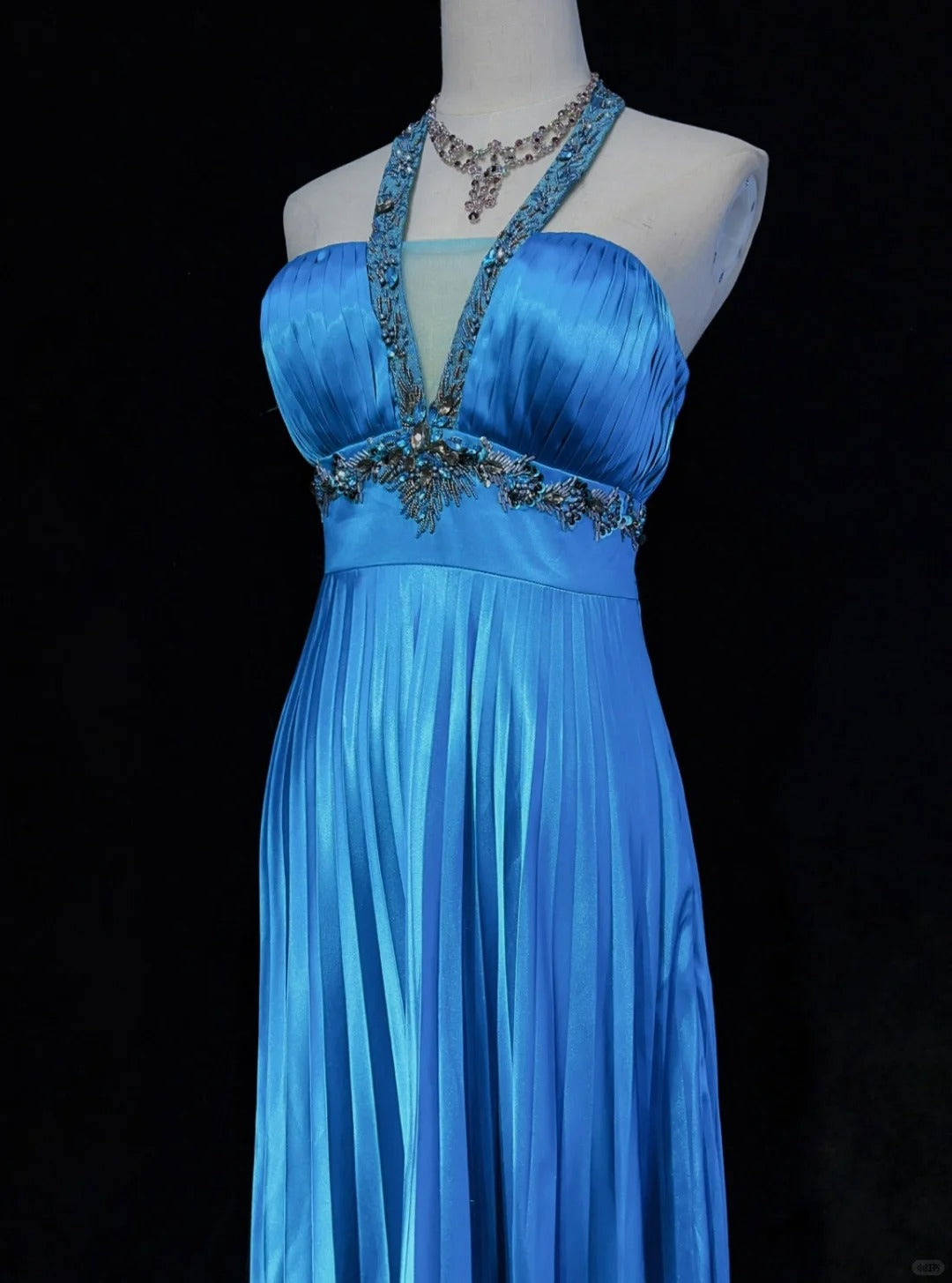 Vintage Prom Dresses A line Halter Blue Satin With Beads Mid Length 80s Formal Gown N2581