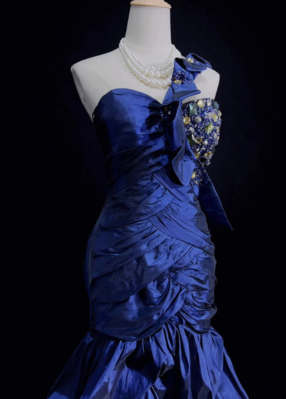 Elegant Prom Dresses Mermaid One Shoulder Navy Blue Ruffled Satin Floor Length Formal Evening Outfits N3487
