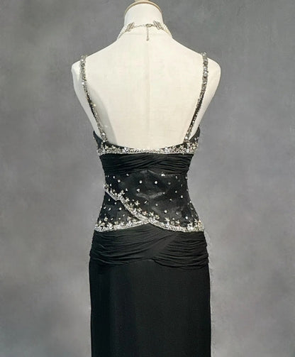 Bescheidene Ballkleider Meerjungfrau Spaghetti-Träger Schwarz Krawatte Chiffon mit Perlen Abendkleid N3857