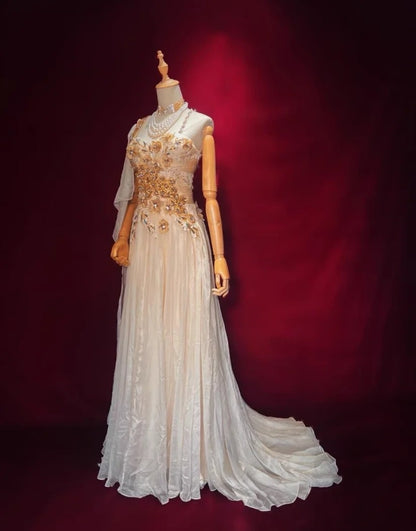 Wunderschöne Abschlussballkleider A-Linie Spaghettiträger Helles Champagner Chiffon Mit Umhang Lange Abendkleider N3439