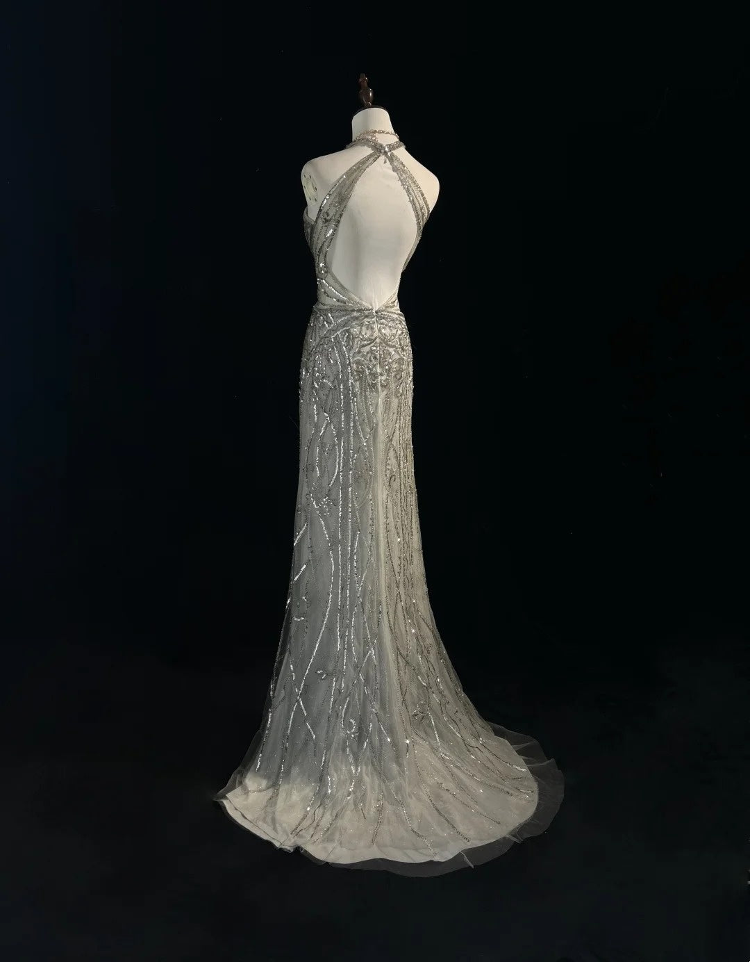 Vintage Abschlussballkleider Inspo Meerjungfrau Neckholder Silbergrau Pailletten 80er Jahre mit rückenfreien Ballkleidern N3369