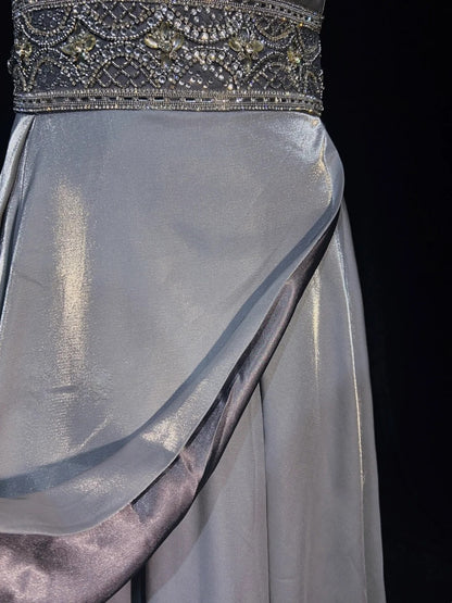 Robes de bal modestes trapèze à fines bretelles en satin gris, longues tenues de soirée formelles N3617