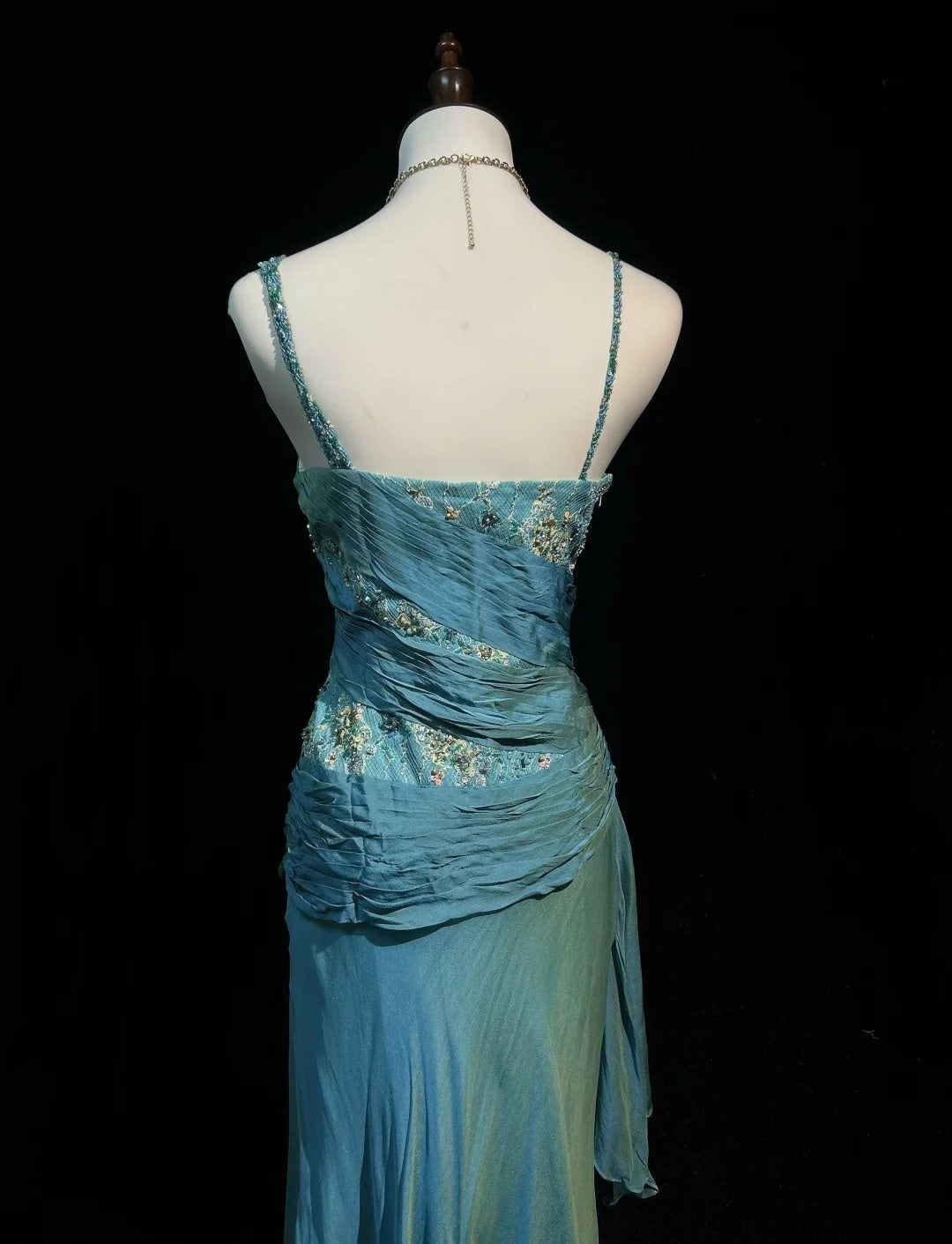 Vintage Abschlussballkleider A-Linie 2000er Spaghettiträger Blau Chiffon Mit Perlen Spitze Langes Abendkleid N2459